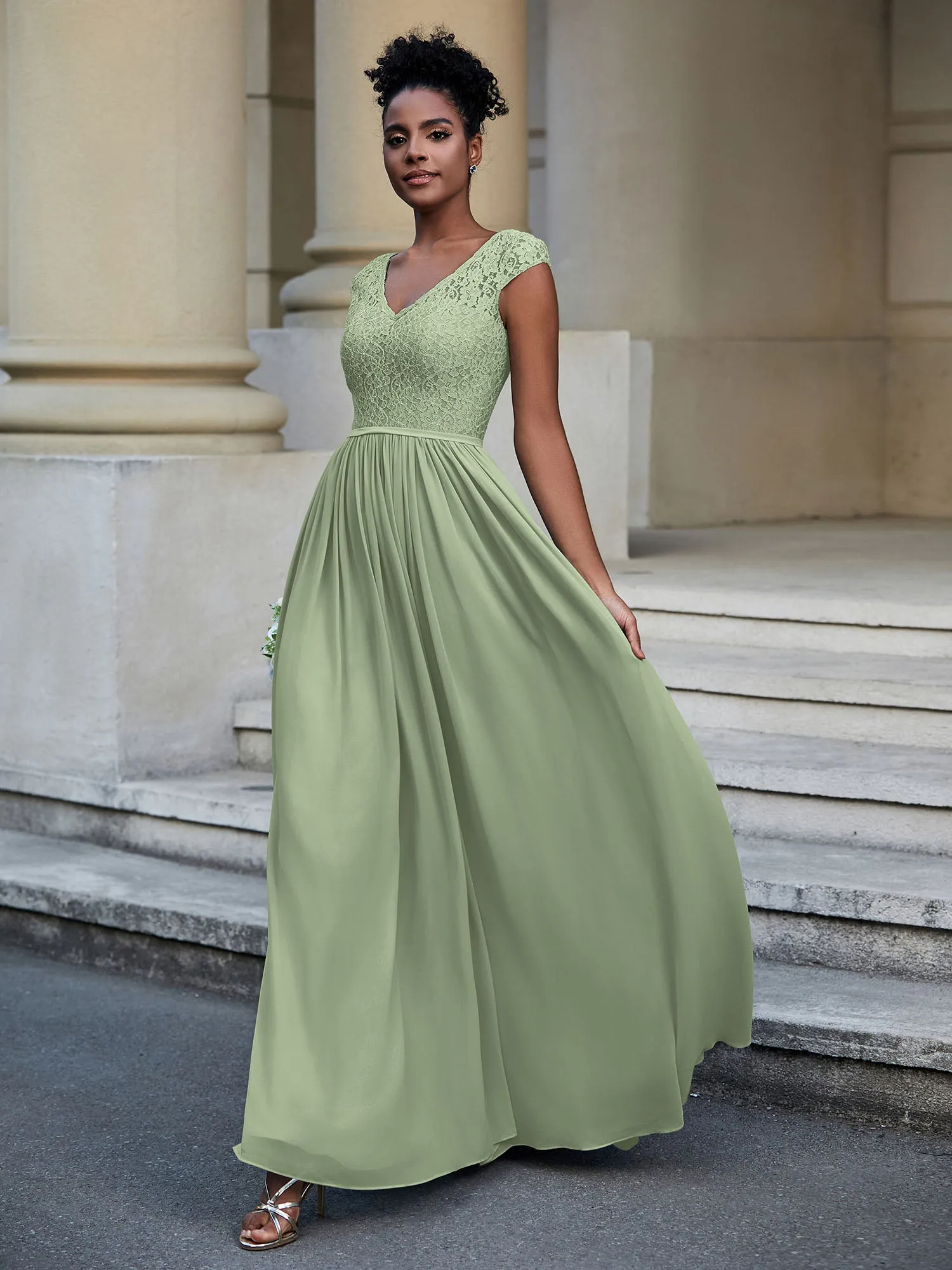Lace and Chiffon Maxi Dress with Cap Sleeves-Dusty Sage Plus Size