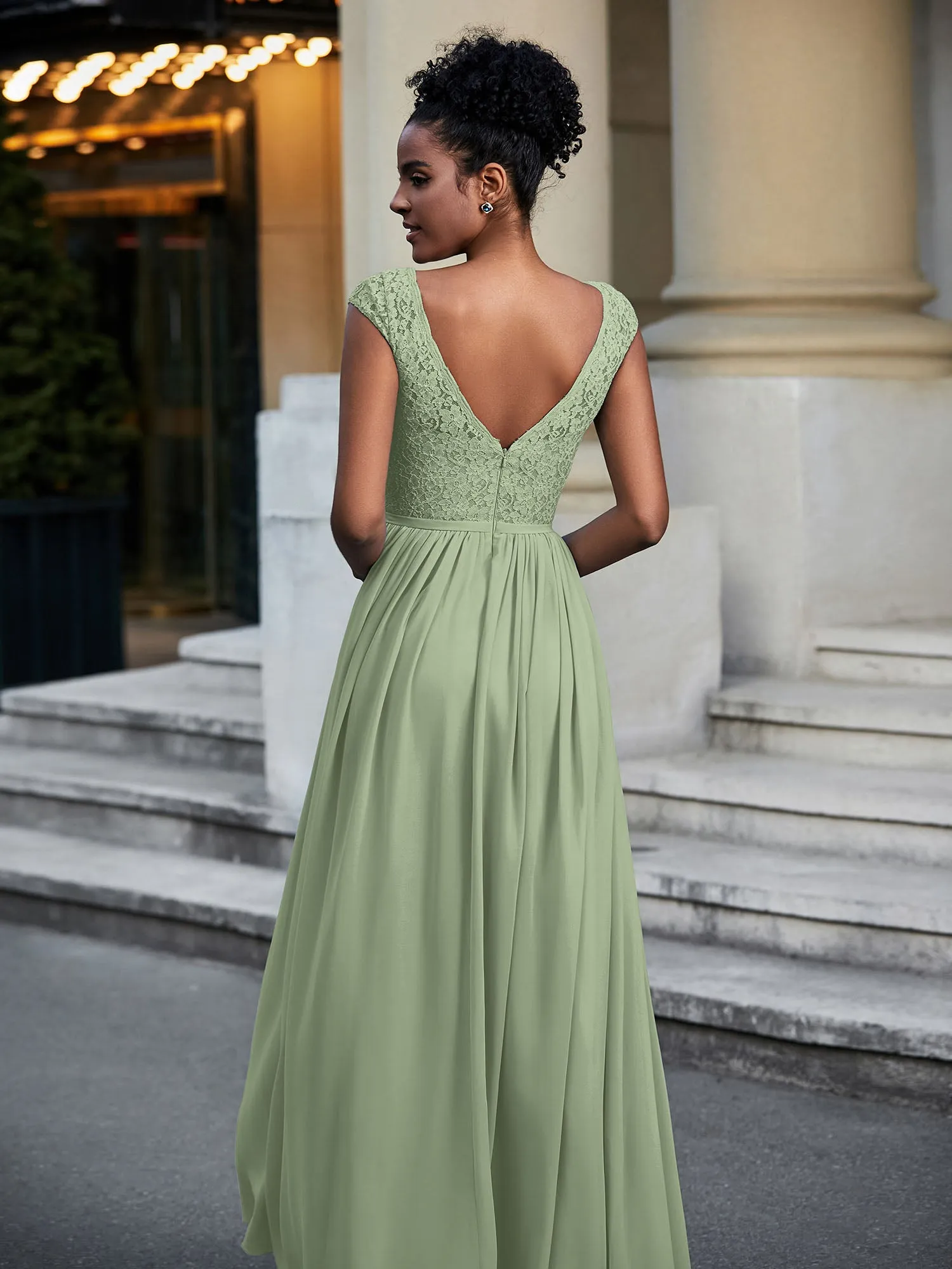 Lace and Chiffon Maxi Dress with Cap Sleeves-Dusty Sage Plus Size