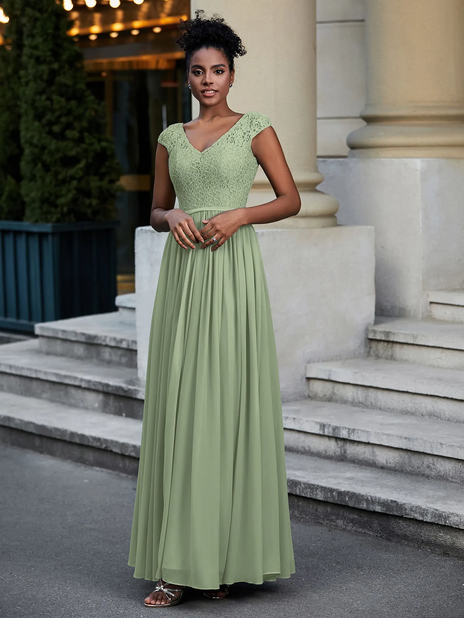 Lace and Chiffon Maxi Dress with Cap Sleeves-Dusty Sage Plus Size