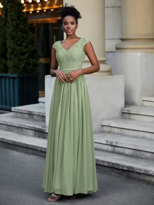 Lace and Chiffon Maxi Dress with Cap Sleeves-Dusty Sage Plus Size