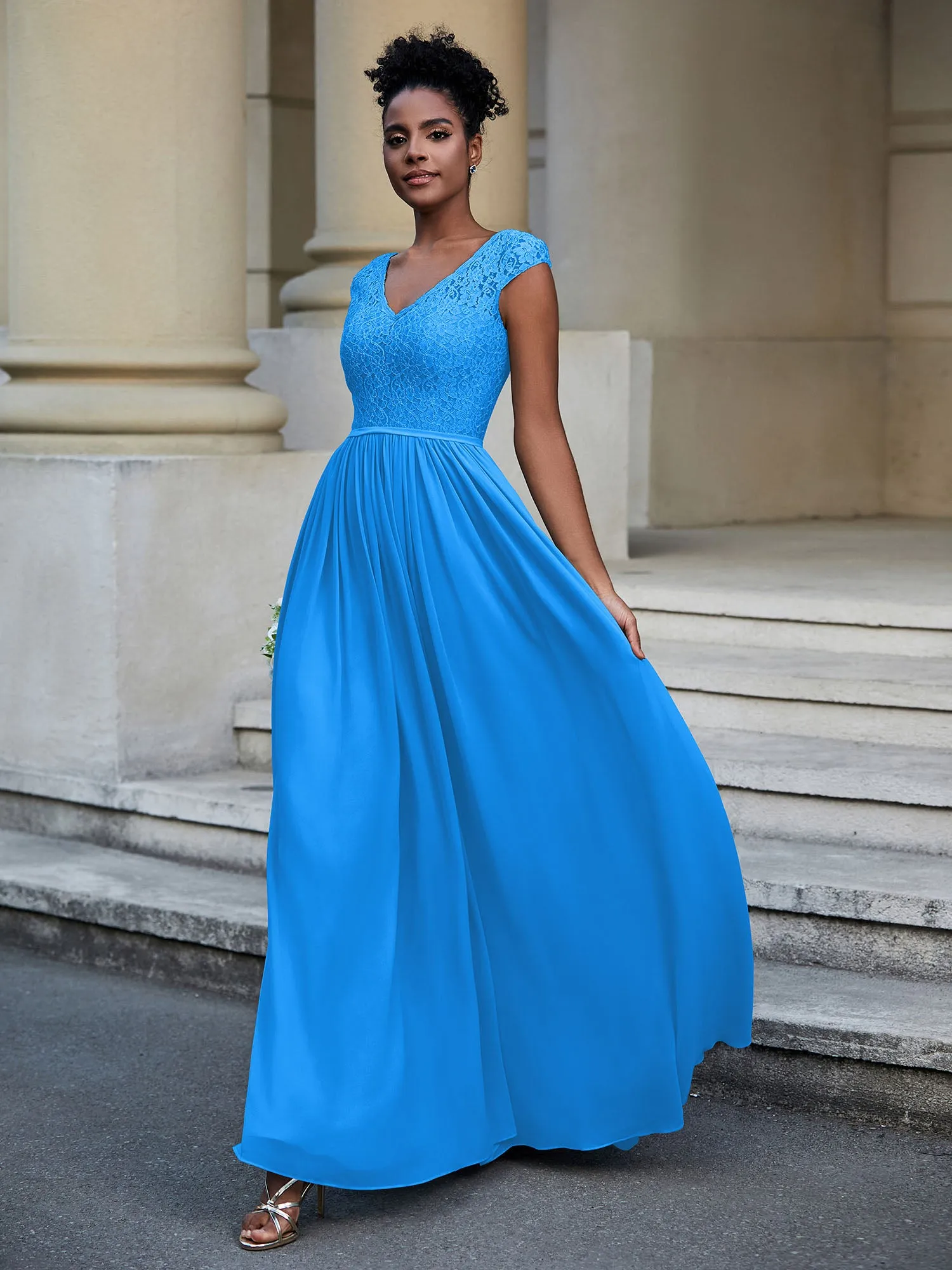 Lace and Chiffon Maxi Dress with Cap Sleeves-Ocean Blue
