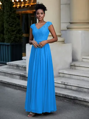 Lace and Chiffon Maxi Dress with Cap Sleeves-Ocean Blue