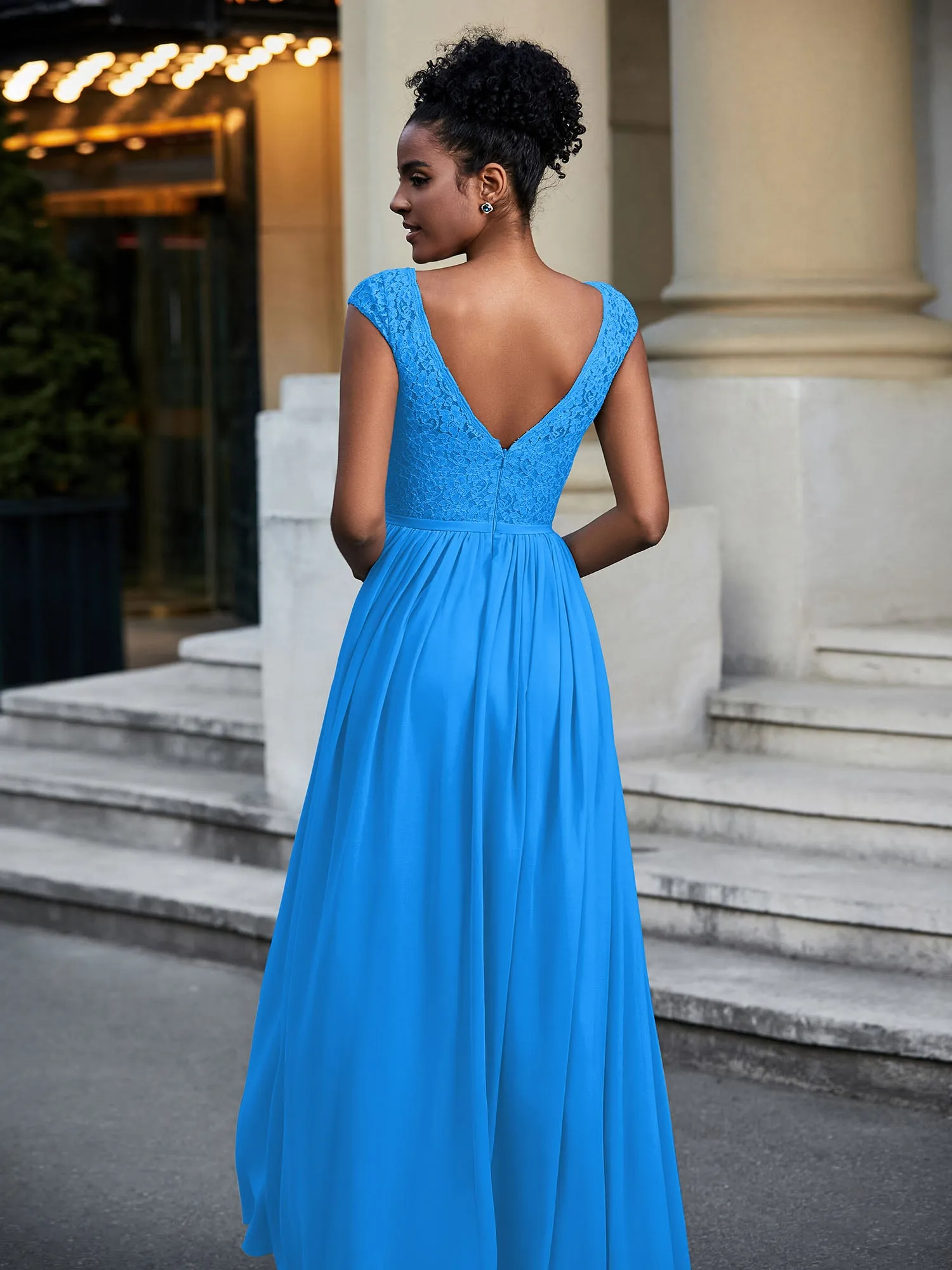 Lace and Chiffon Maxi Dress with Cap Sleeves-Ocean Blue