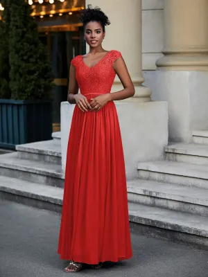 Lace and Chiffon Maxi Dress with Cap Sleeves-Red Plus Size