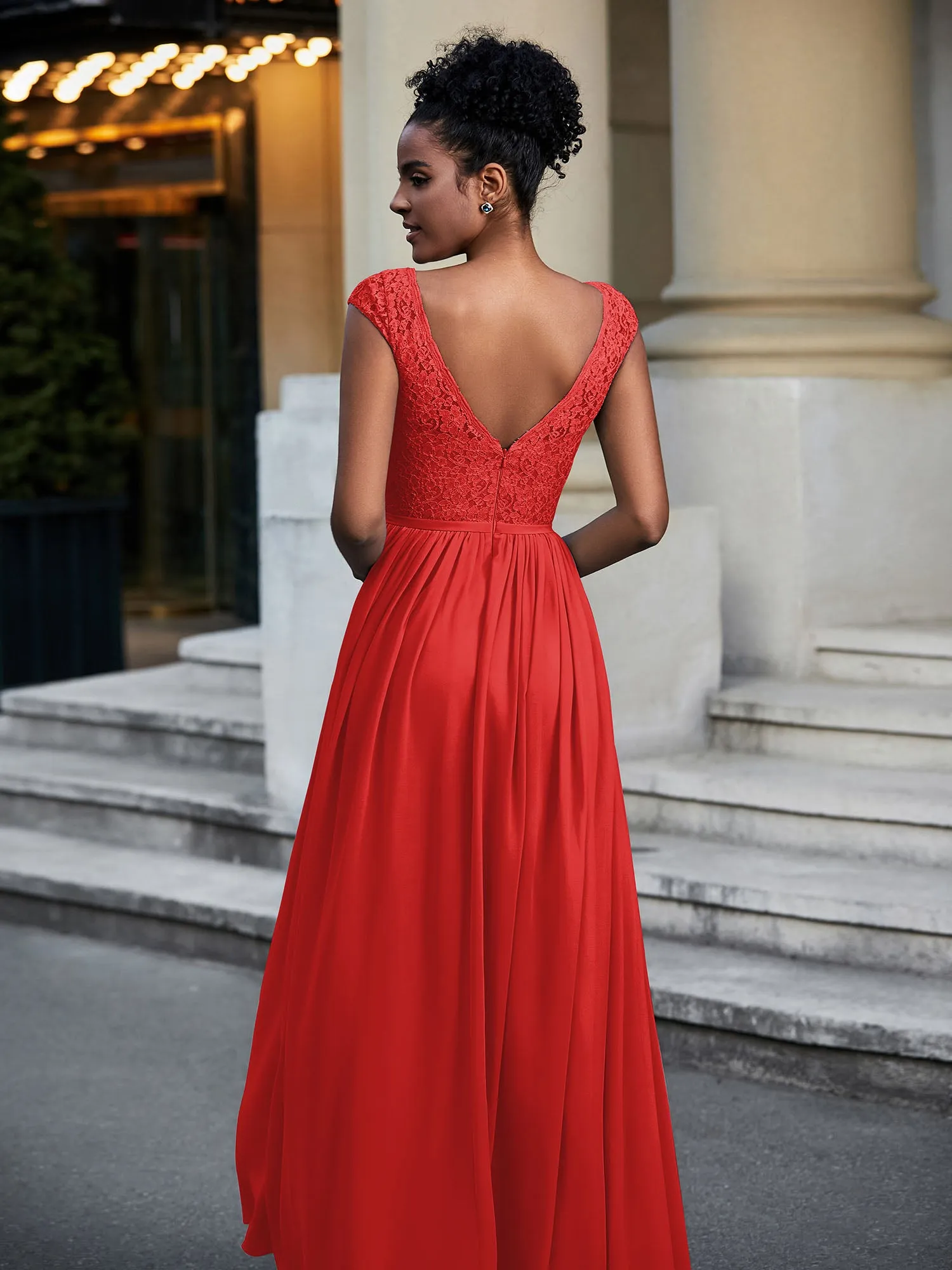 Lace and Chiffon Maxi Dress with Cap Sleeves-Red Plus Size