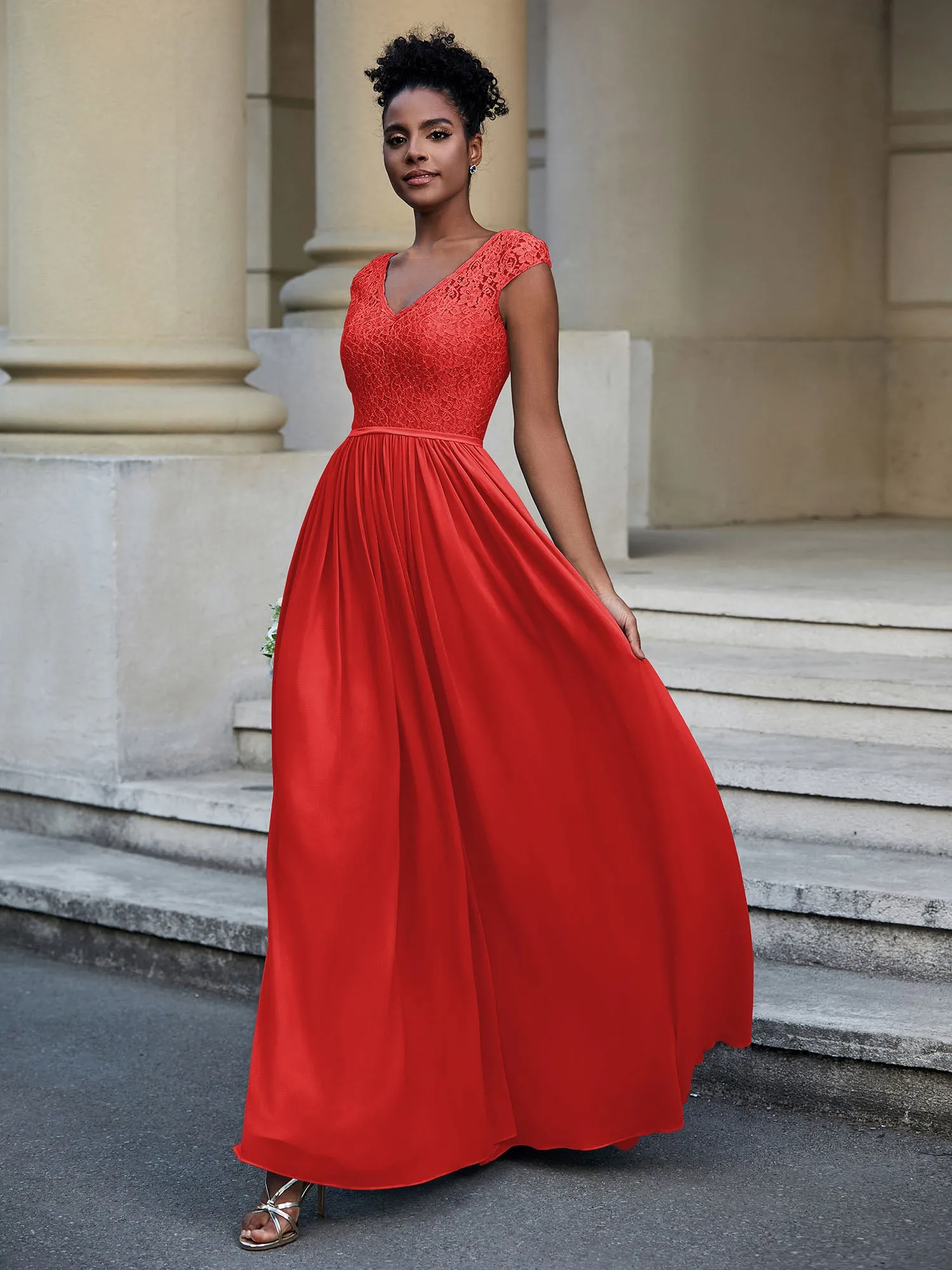 Lace and Chiffon Maxi Dress with Cap Sleeves-Red Plus Size