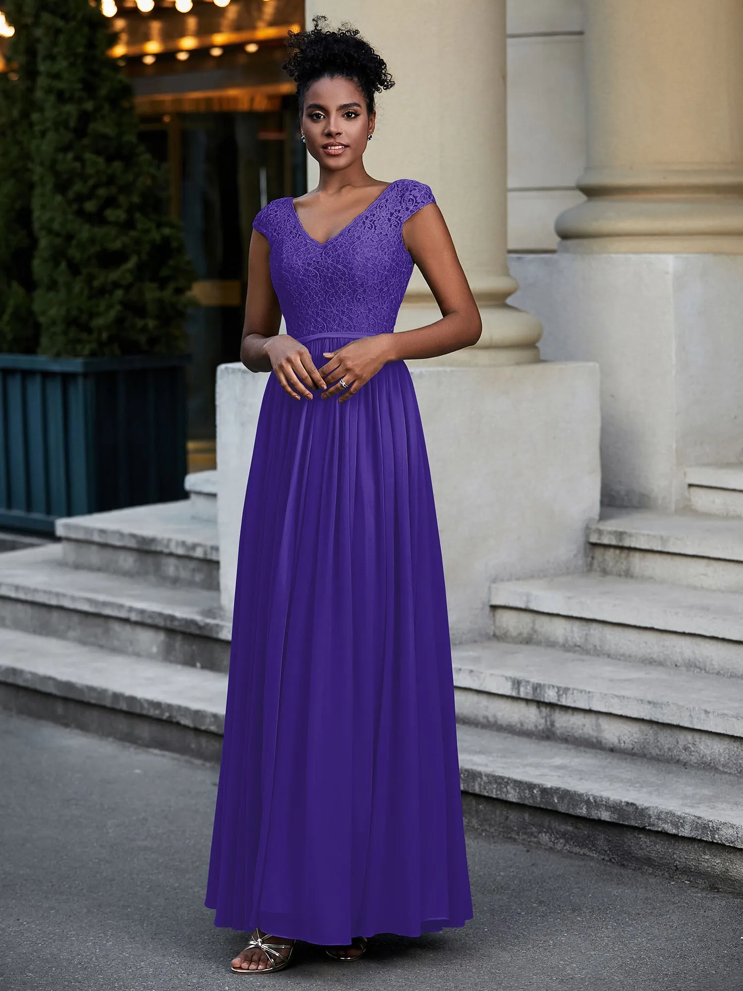 Lace and Chiffon Maxi Dress with Cap Sleeves-Regency Plus Size