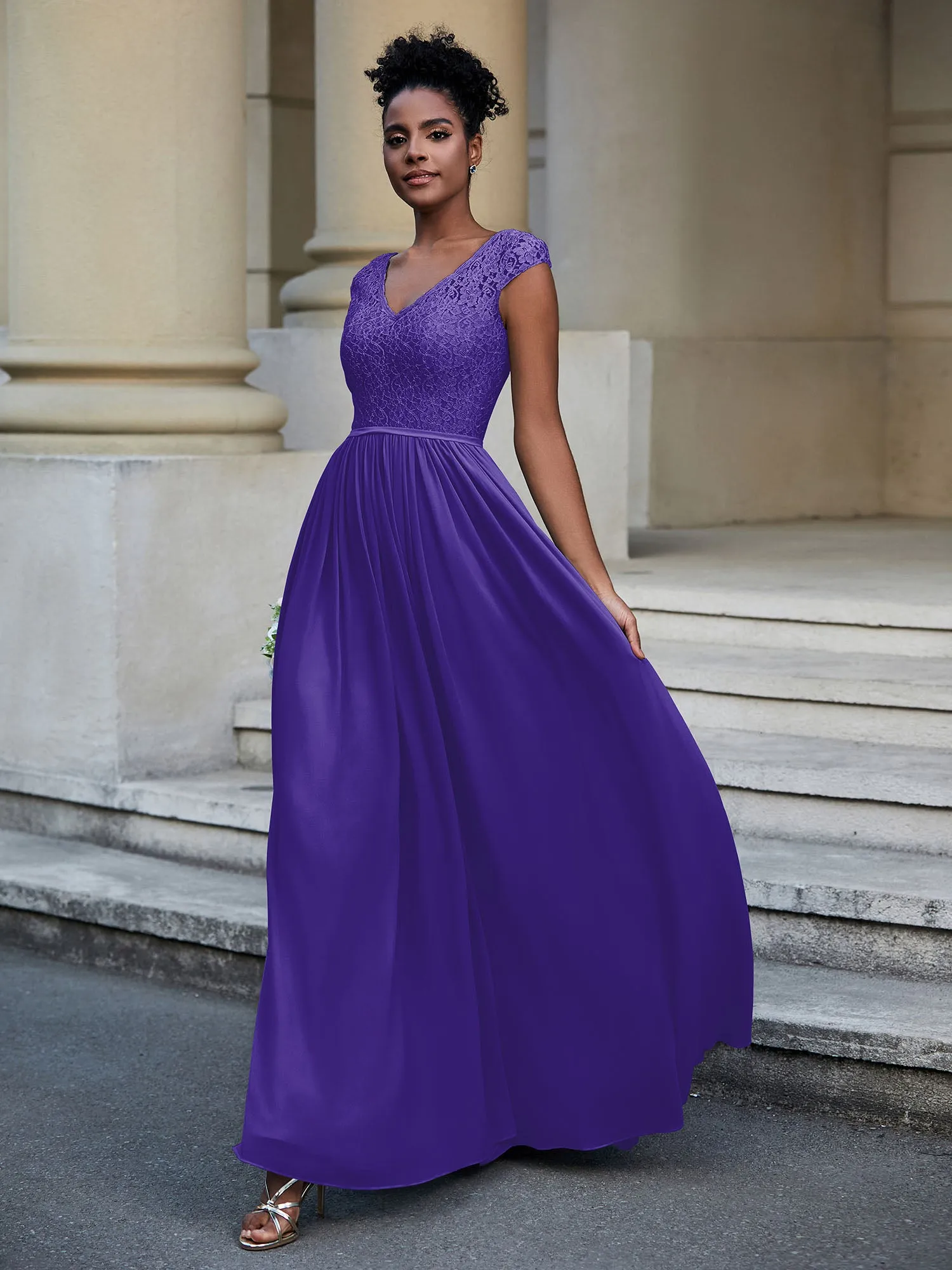 Lace and Chiffon Maxi Dress with Cap Sleeves-Regency Plus Size
