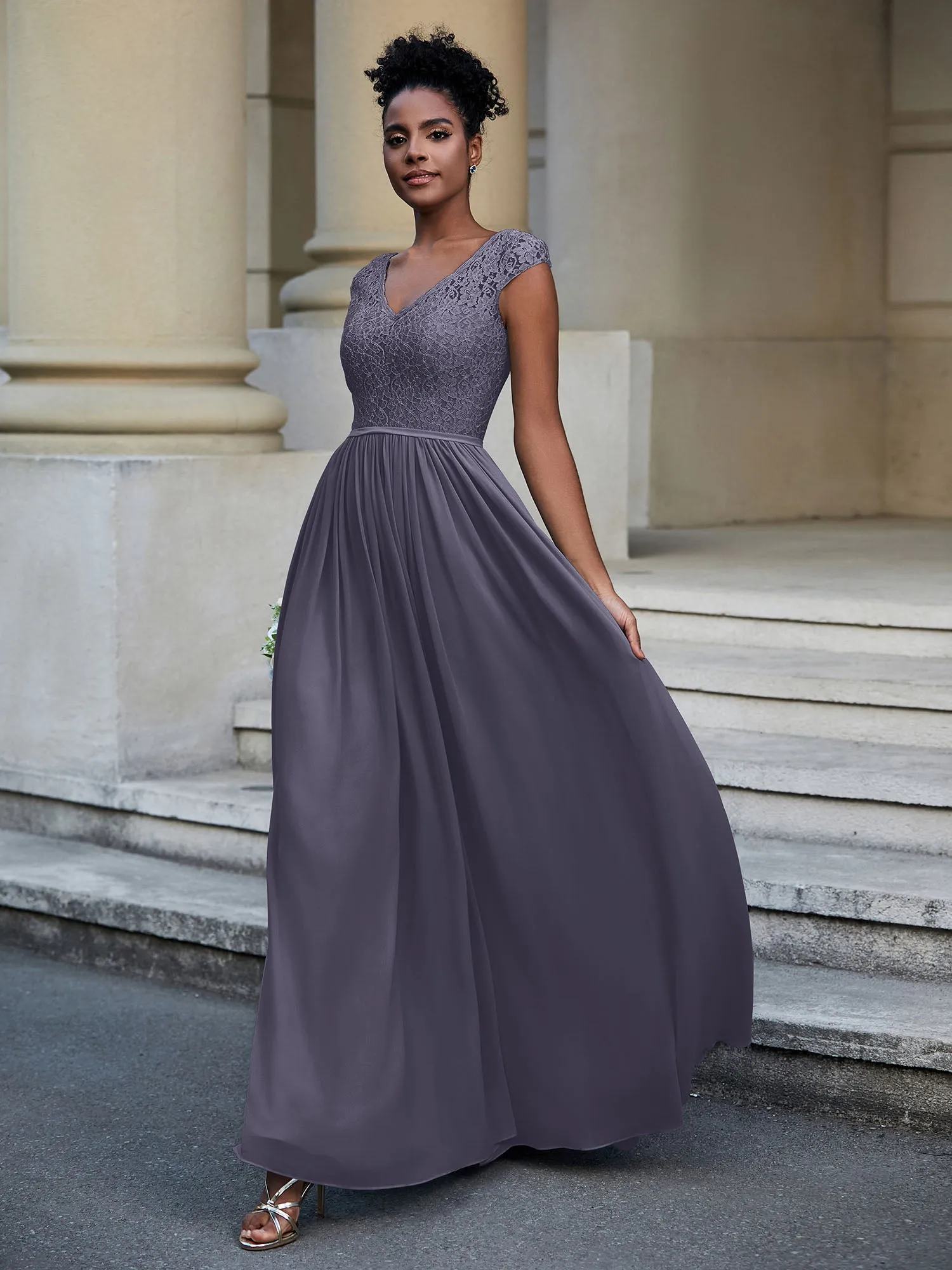 Lace and Chiffon Maxi Dress with Cap Sleeves-Stormy