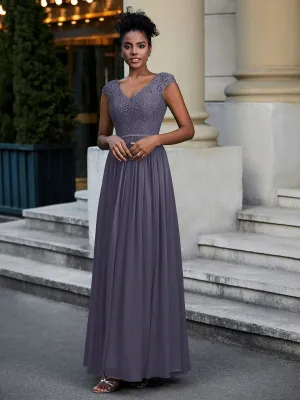 Lace and Chiffon Maxi Dress with Cap Sleeves-Stormy