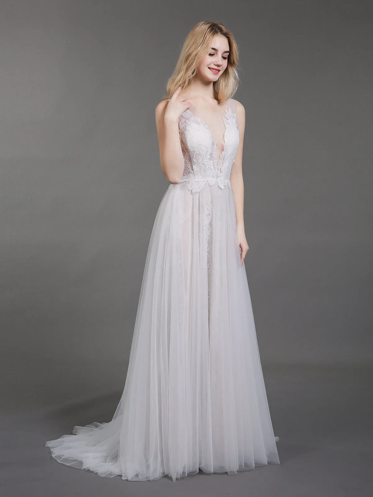 Lace and Tulle Simple Beach Wedding Dress-White