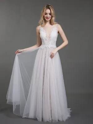 Lace and Tulle Simple Beach Wedding Dress-White