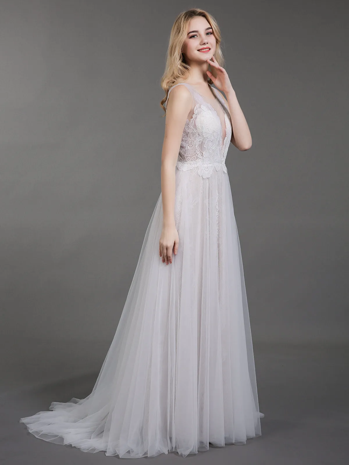 Lace and Tulle Simple Beach Wedding Dress-White
