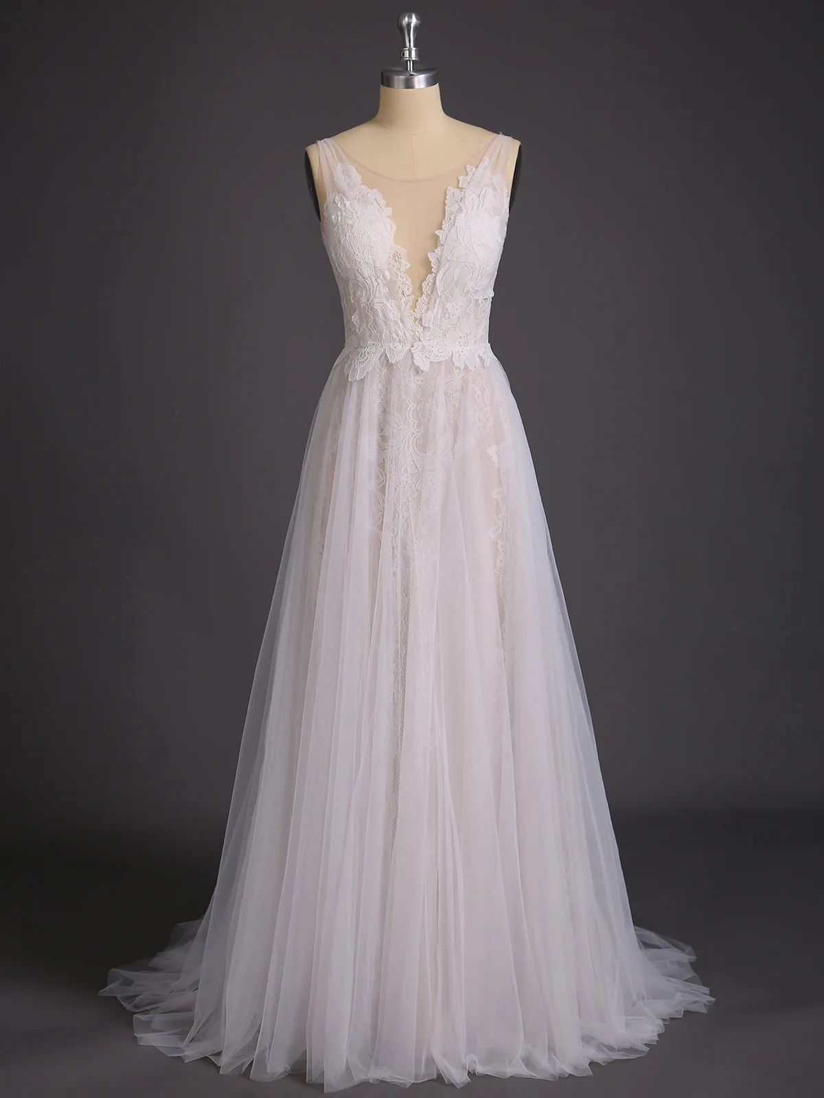 Lace and Tulle Simple Beach Wedding Dress-White