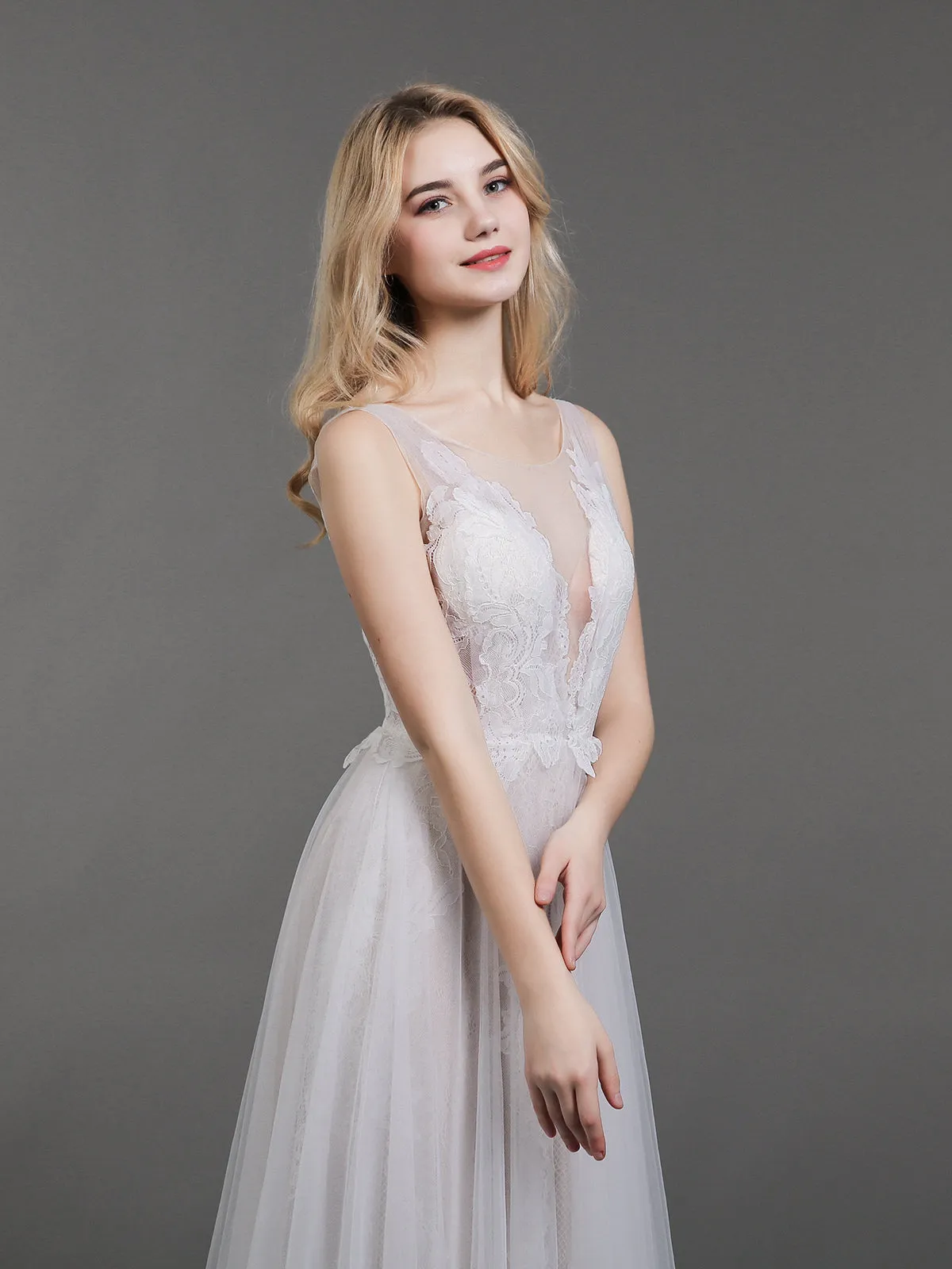 Lace and Tulle Simple Beach Wedding Dress-White