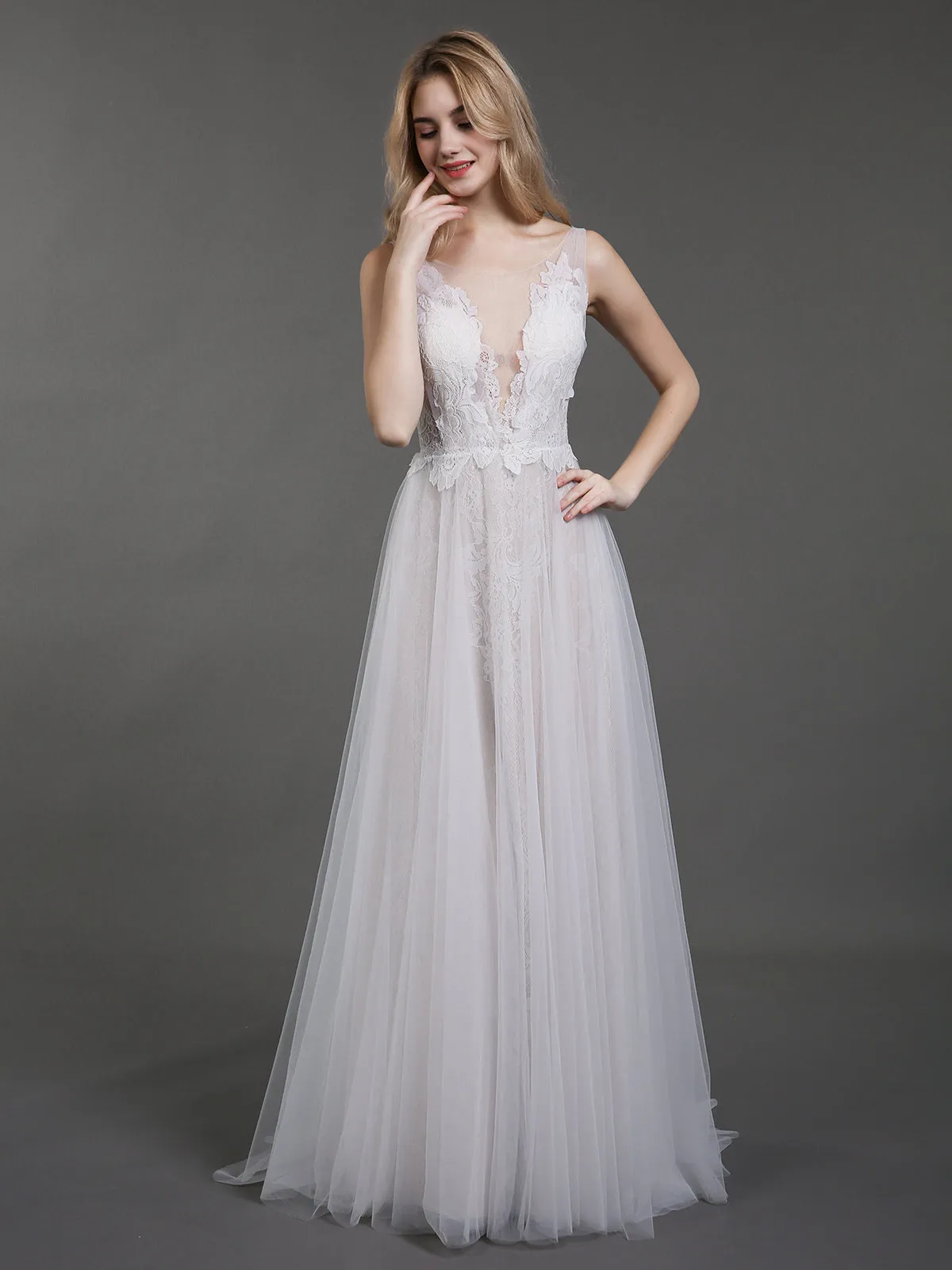 Lace and Tulle Simple Beach Wedding Dress-White