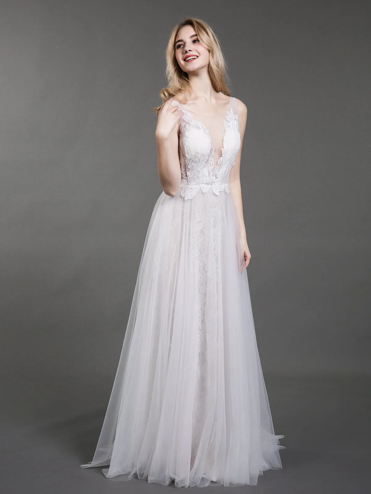 Lace and Tulle Simple Beach Wedding Dress-White