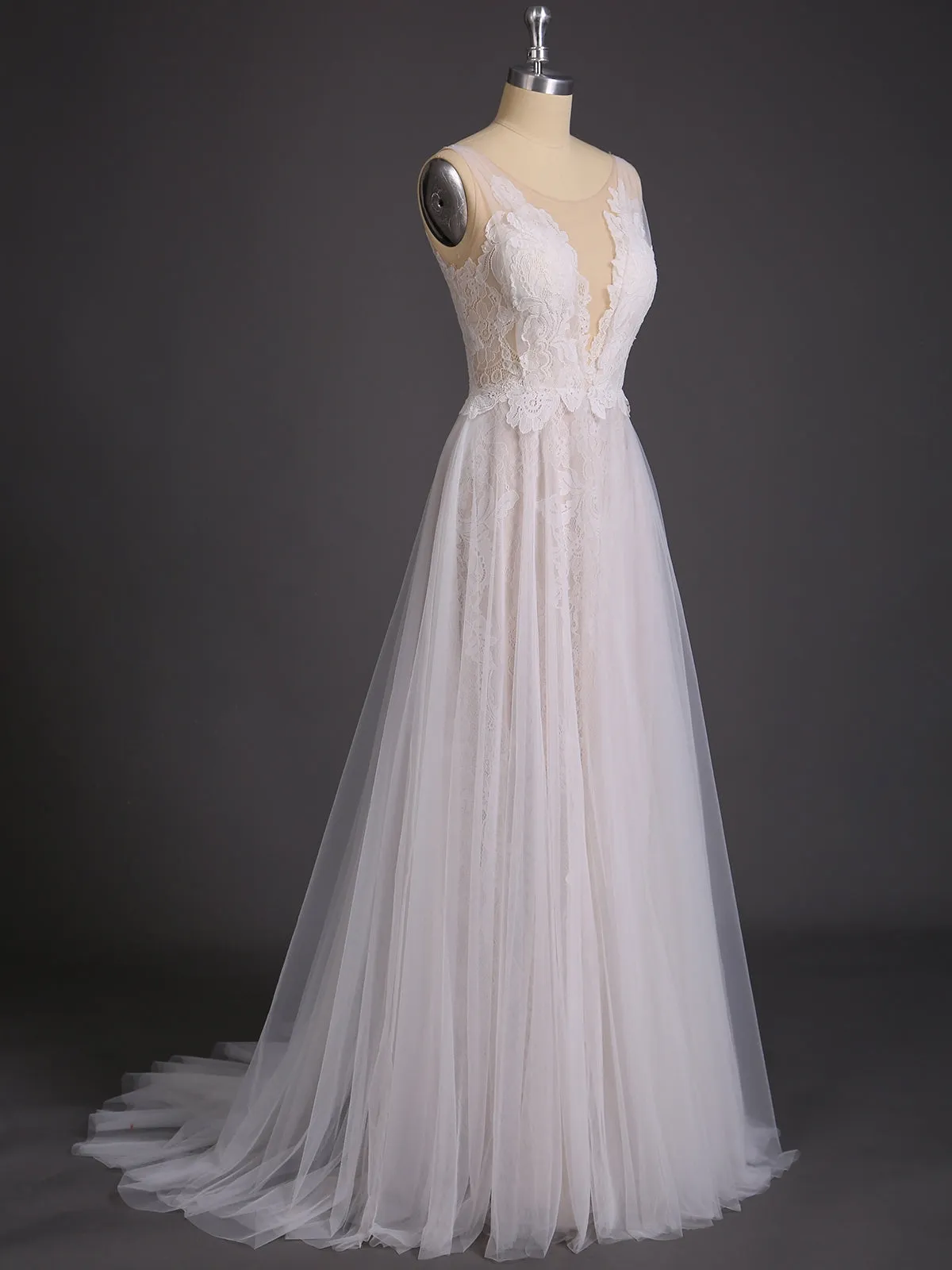 Lace and Tulle Simple Beach Wedding Dress-White