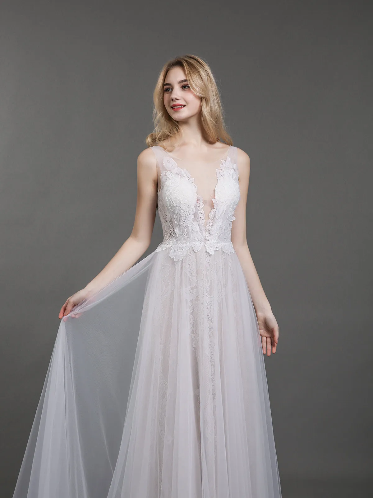 Lace and Tulle Simple Beach Wedding Dress-White