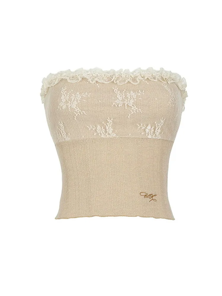Lace Stretch Knit Feminine Frill Tube-Top