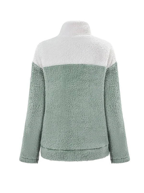Long Sleeves Loose Buttoned Split-Joint Velvet Stand Collar Sweatshirt Tops