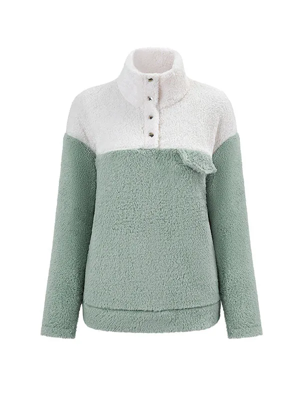 Long Sleeves Loose Buttoned Split-Joint Velvet Stand Collar Sweatshirt Tops