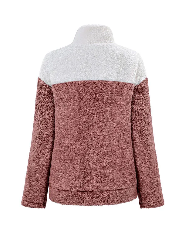 Long Sleeves Loose Buttoned Split-Joint Velvet Stand Collar Sweatshirt Tops