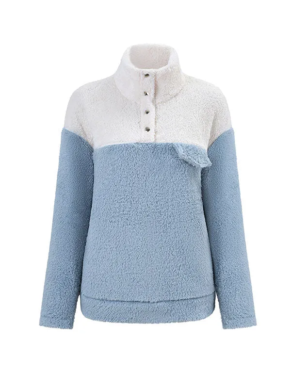 Long Sleeves Loose Buttoned Split-Joint Velvet Stand Collar Sweatshirt Tops