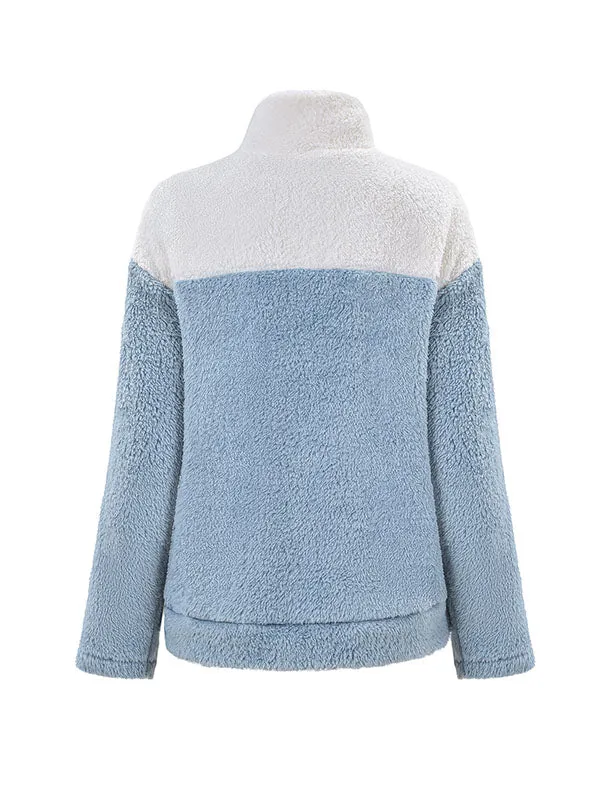 Long Sleeves Loose Buttoned Split-Joint Velvet Stand Collar Sweatshirt Tops