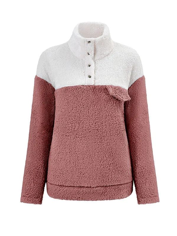 Long Sleeves Loose Buttoned Split-Joint Velvet Stand Collar Sweatshirt Tops