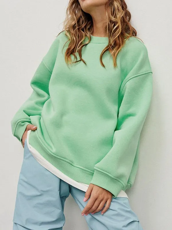 Long Sleeves Loose Solid Color Round-Neck Sweatshirt Tops