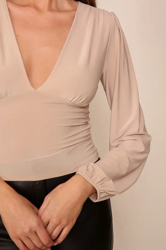 Lt.Taupe Night Out V-Neck Top With Ruched Detail