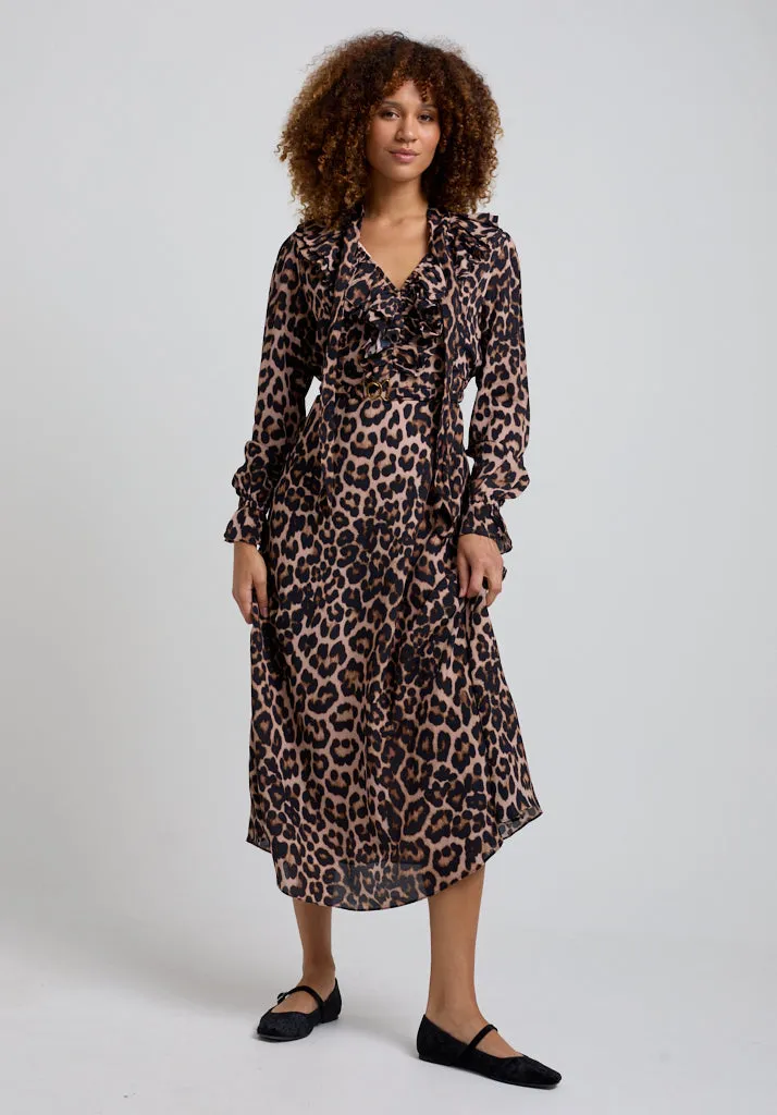 Margot Ruffle Neck Big Cat Print Midi Dress In Brown