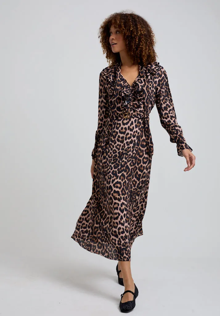 Margot Ruffle Neck Big Cat Print Midi Dress In Brown