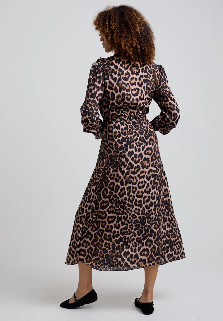 Margot Ruffle Neck Big Cat Print Midi Dress In Brown