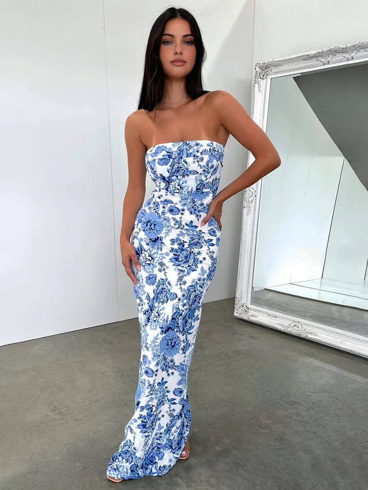 Multi Floral Graceful Split Long Dress
