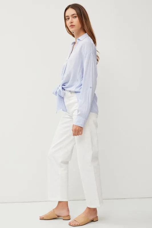 Pale Blue V-Neck Tie Front Roll Up Sleeve Shirt
