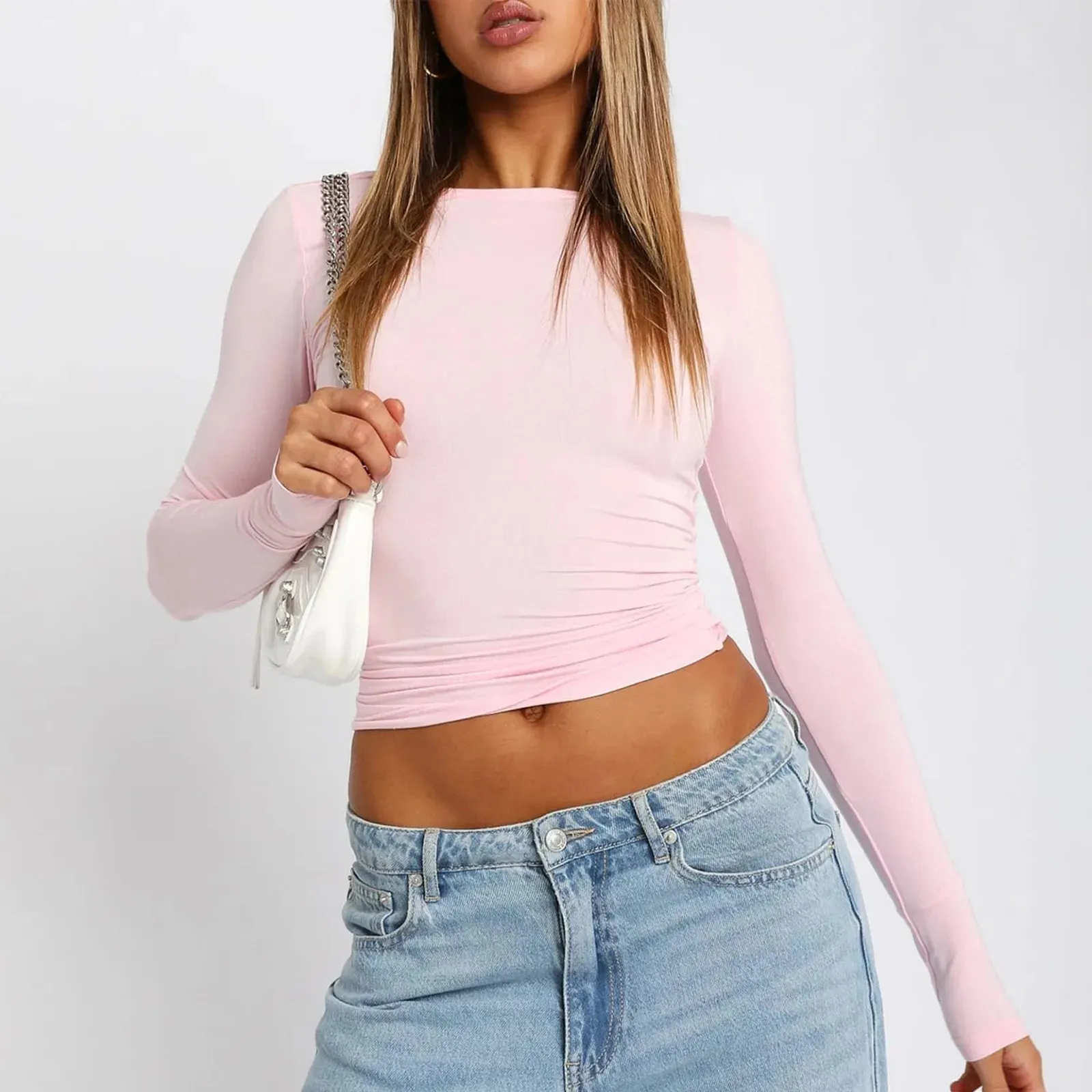 Pink Long Sleeve T-shirt Women 2024 Spring Cute White Tees Crop Top Ladies Summer Korea Y2K Causal Sexy O Neck Basic Tshirt