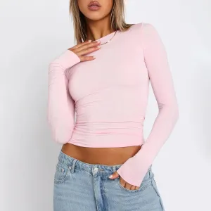 Pink Long Sleeve T-shirt Women 2024 Spring Cute White Tees Crop Top Ladies Summer Korea Y2K Causal Sexy O Neck Basic Tshirt