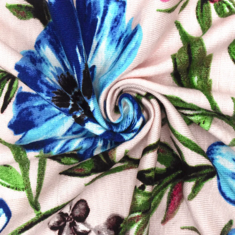 Powder Pink-Multi Floral Printed Slub Stretch Rayon Jersey Knit Fabric