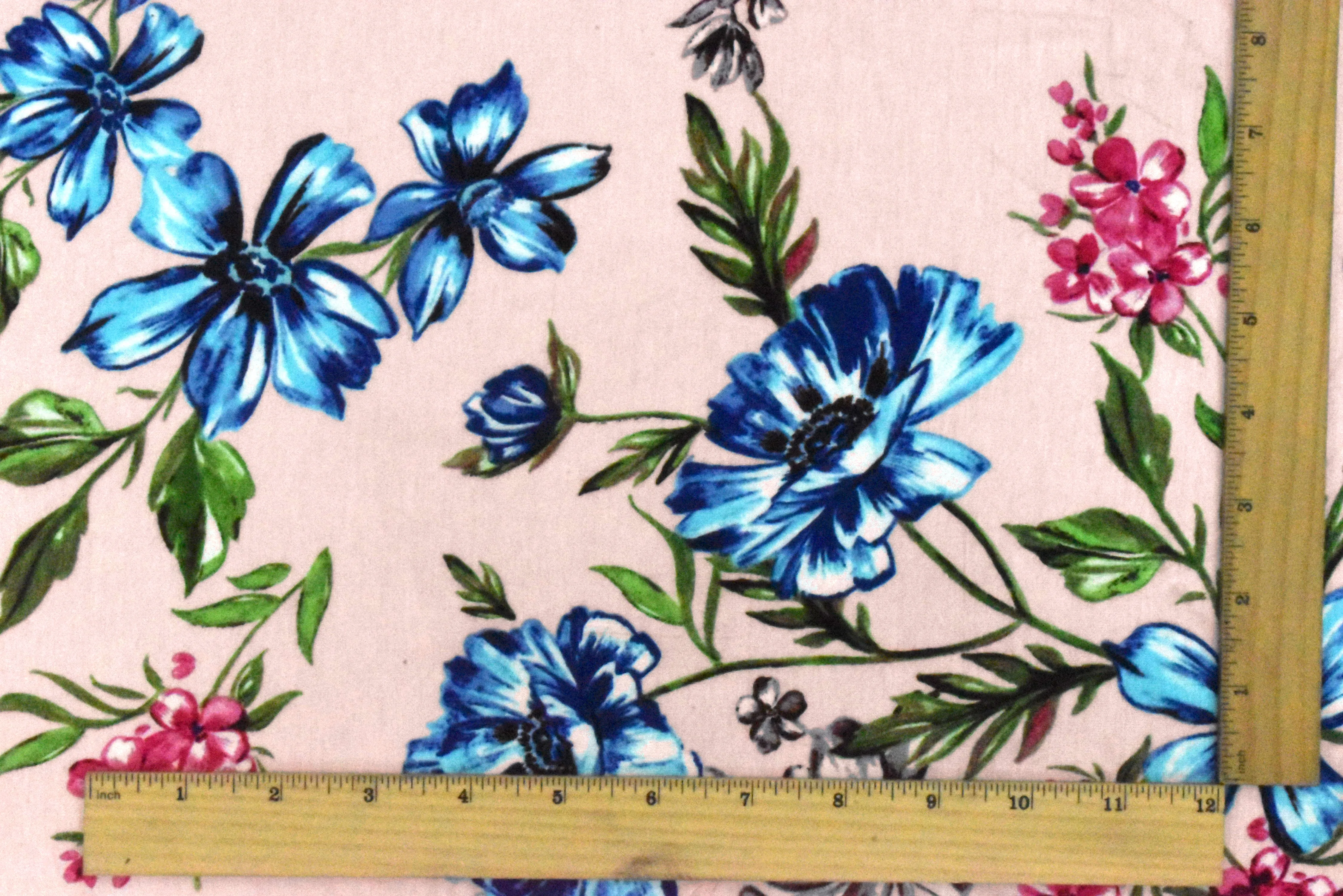 Powder Pink-Multi Floral Printed Slub Stretch Rayon Jersey Knit Fabric