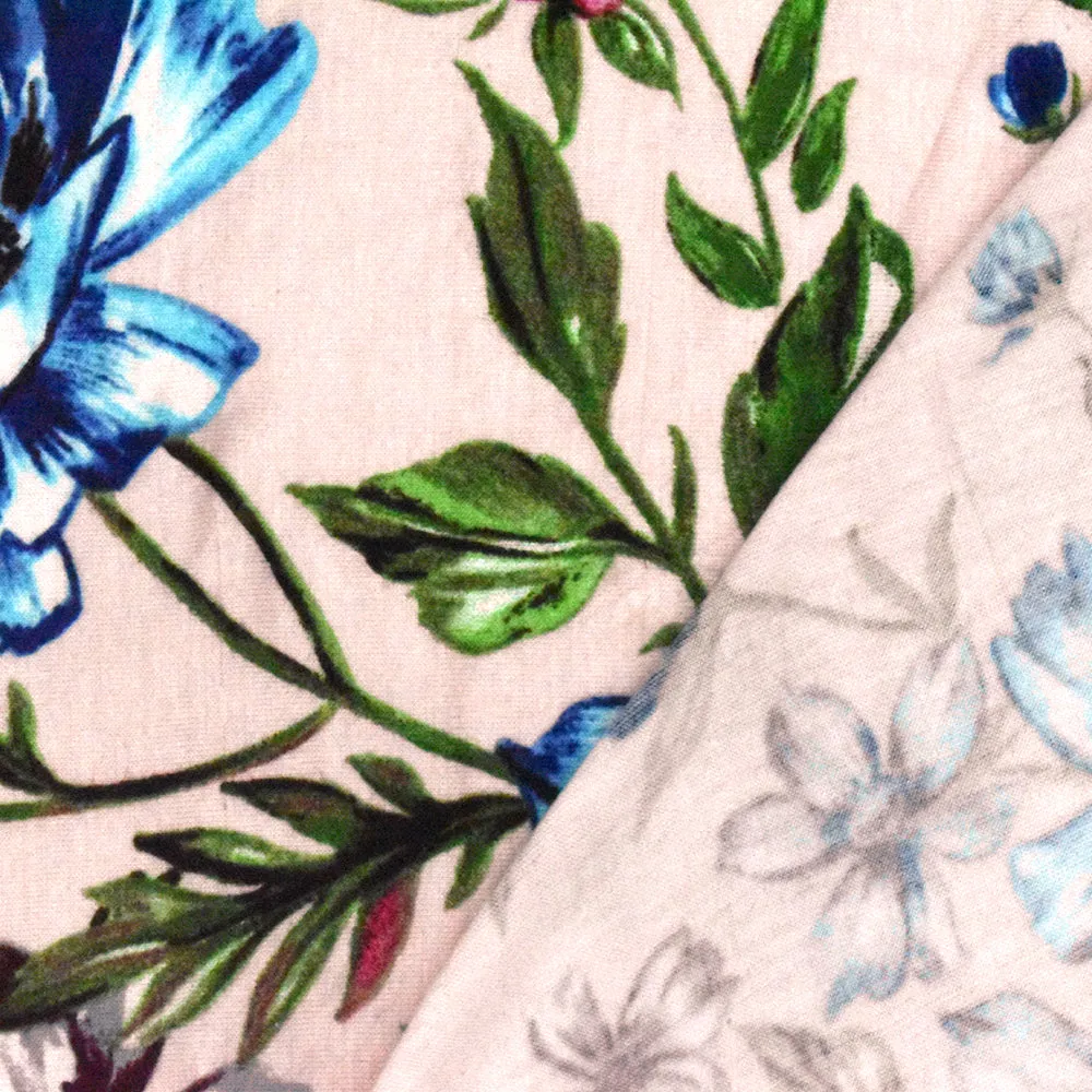 Powder Pink-Multi Floral Printed Slub Stretch Rayon Jersey Knit Fabric