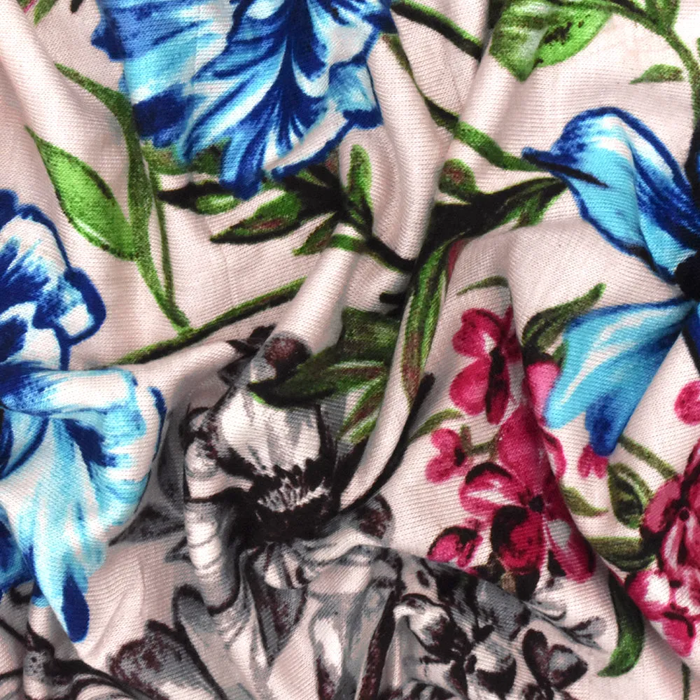 Powder Pink-Multi Floral Printed Slub Stretch Rayon Jersey Knit Fabric