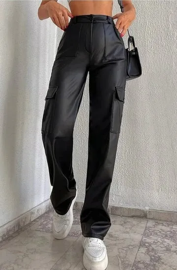 PU LEATHERETTE WIDE LEG CARGO TROUSERS