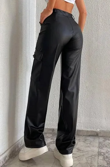 PU LEATHERETTE WIDE LEG CARGO TROUSERS