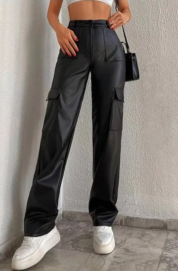 PU LEATHERETTE WIDE LEG CARGO TROUSERS
