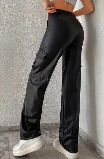 PU LEATHERETTE WIDE LEG CARGO TROUSERS