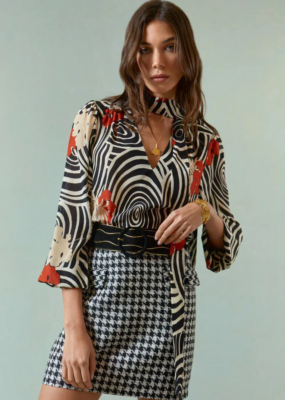RIXO Mariah Skirt in Houndstooth Mono