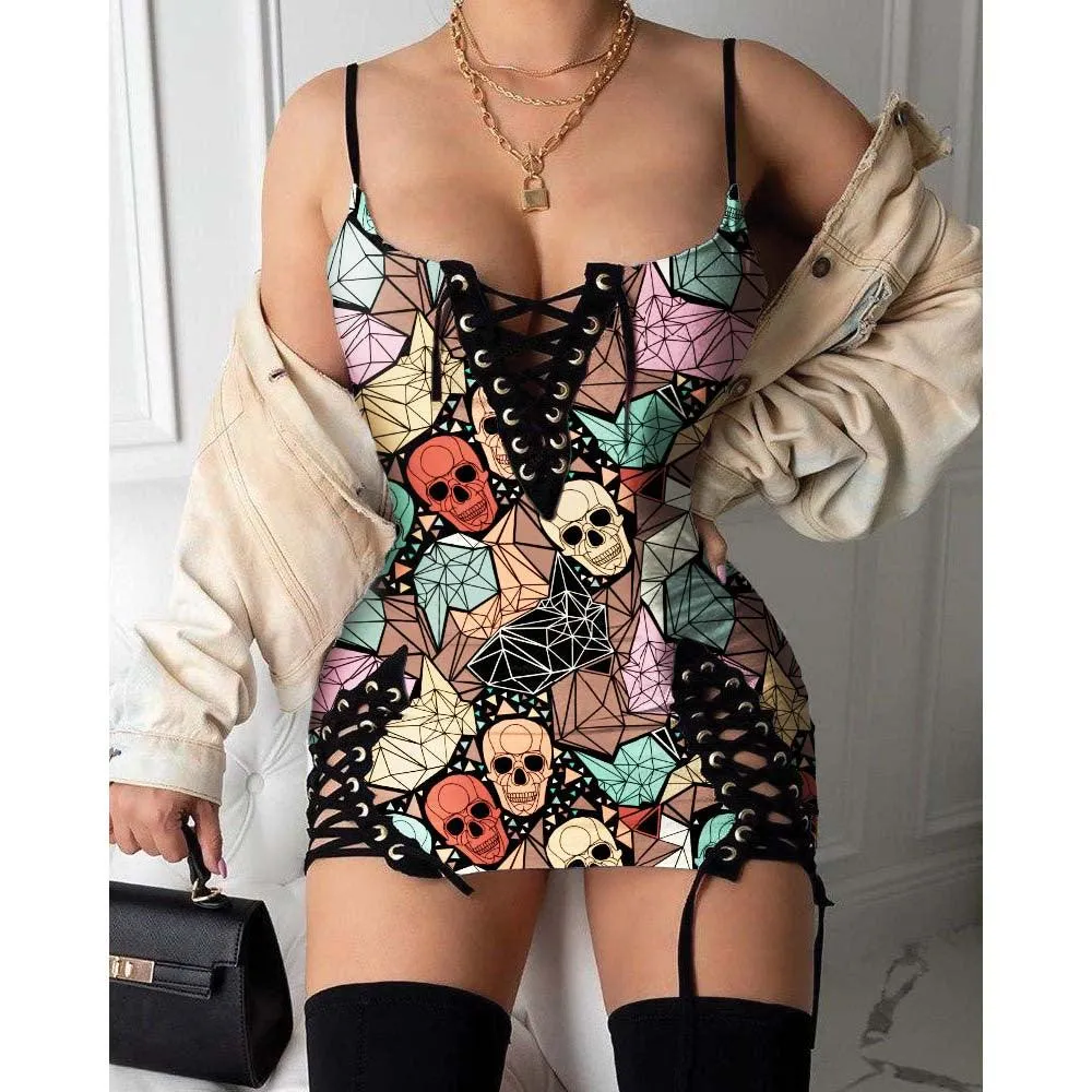 Skull Colorful Pattern Gothic Eyelet Lace-up Letter Dress