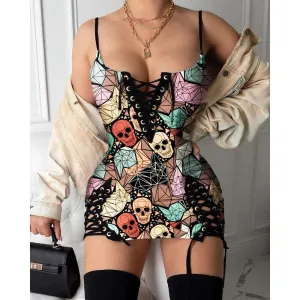Skull Colorful Pattern Gothic Eyelet Lace-up Letter Dress